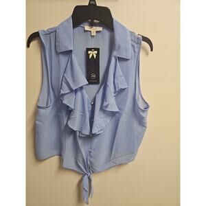 Iris Basics Women's Light Blue Blouse Ruffled Chiffon And Tie Waist Size 1X NWT